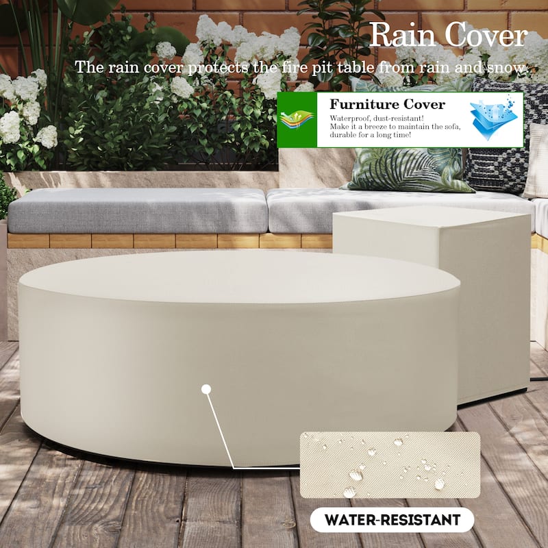 Patio Watcher 42in. Outdoor Round Magnesium Oxide Fire Pit Table with Gas Tank Cover and Wind Guard