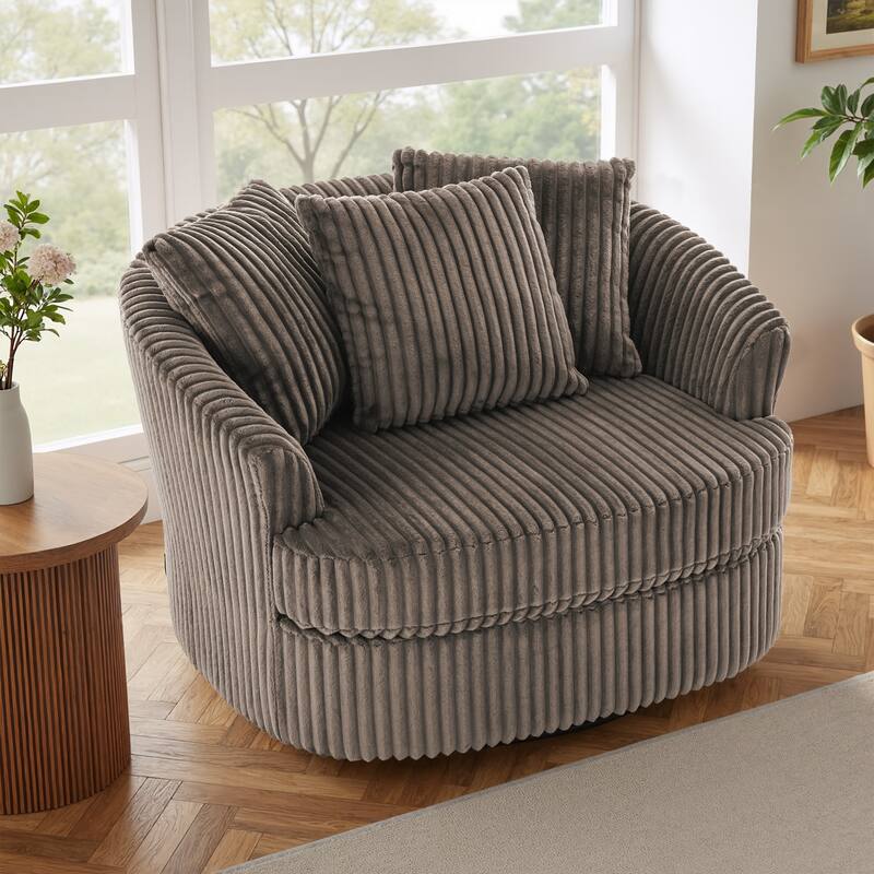 Oversized 43" W Plush Corduroy Swivel Barrel Chair with Pillows