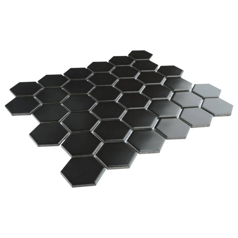 Merola Tile Metro 2" Hex Matte Black 11-1/8" x 12-5/8" Porcelain Floor and Wall Tile