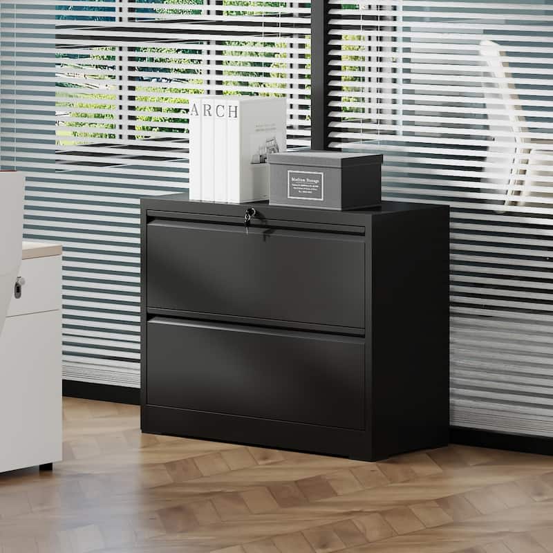 Modern Filing Cabinet Horizontal Filing Cabinet, Heavy Duty Filing Cabinet with silent slides and locks, for home office, Black