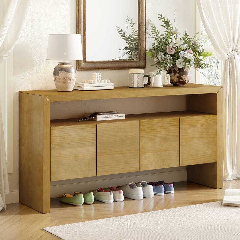 60" 4-Door Sideboard, Large Capacity Storage Console Modern Minimalist Sideboard with Open Shelf - Natural