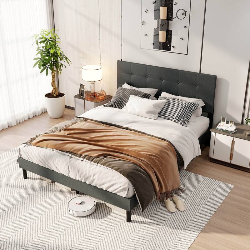Costway Queen Size Bed Frame Linen Upholstered Platform Bed Frame with