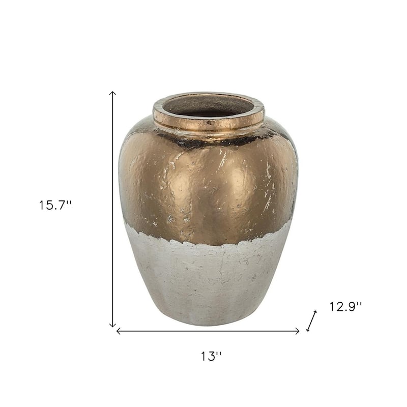 16" Antiqued Bronze And Light Gray Color Block Ceramic Round Jug Vase - 8.50