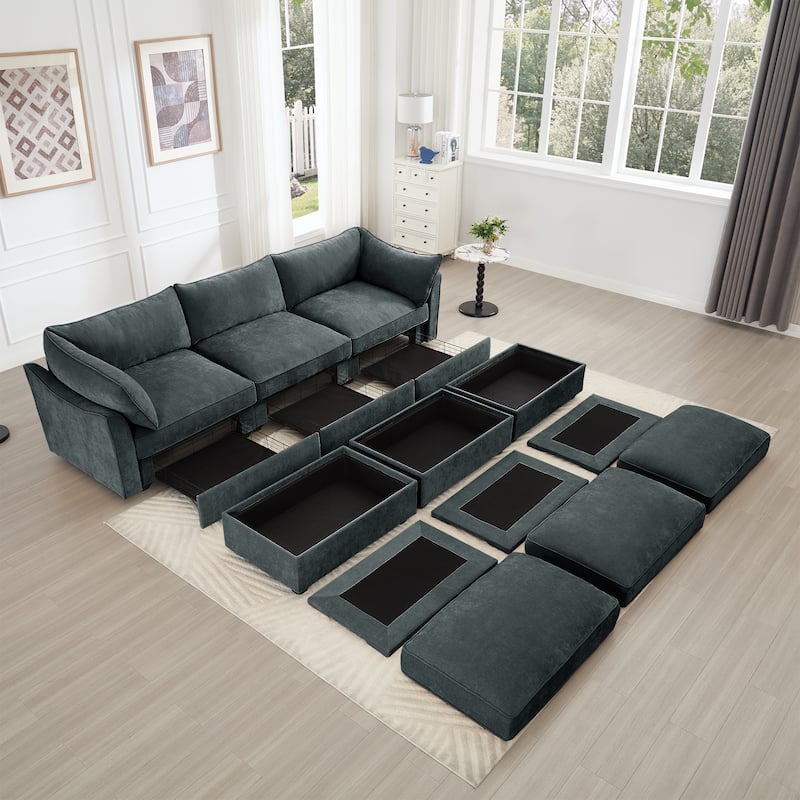Modular Upholstered Sofa with 3 Ottomans and Storage Drawers, Deep Seat Chenille Sleeper Couch for Living Room, Home Theater