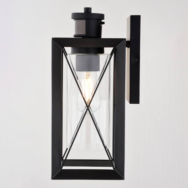 Milton Matte Black Motion Sensor Dusk to Dawn Outdoor Wall Light Transitional Clear Glass - 6-in W x 14-in H x 7-in D