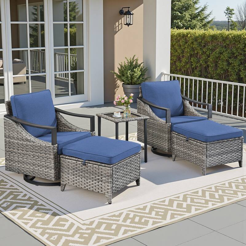 Pocassy Outdoor Sofa Swivel Patio Chair Table with Ottoman Set - Gray Wicker Blue Cushion - 5-Piece Swivel Chair Side Table with Ottoman