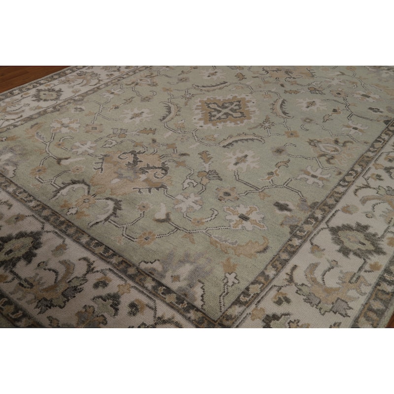 Green Ivory Oushak Indian Area Rug Hand-Knotted Wool Carpet - 8'1" x 10'1"