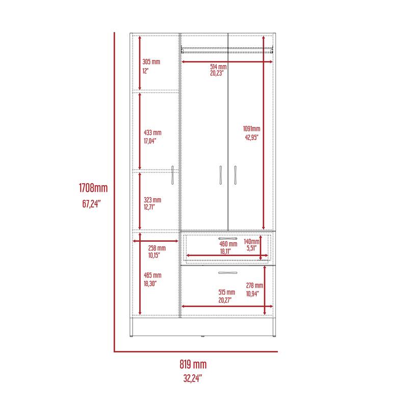 32.2" Modern Double-door Armoire with Five Shelves and One Drawer for Bedroom