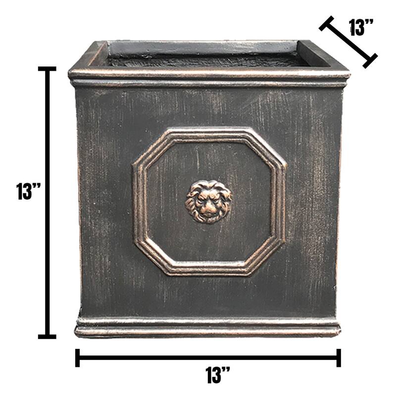 DurX-litecrete Lightweight Concrete Lion Head Square Bronze Planter Medium - 12.6'x12.6'x12.6'