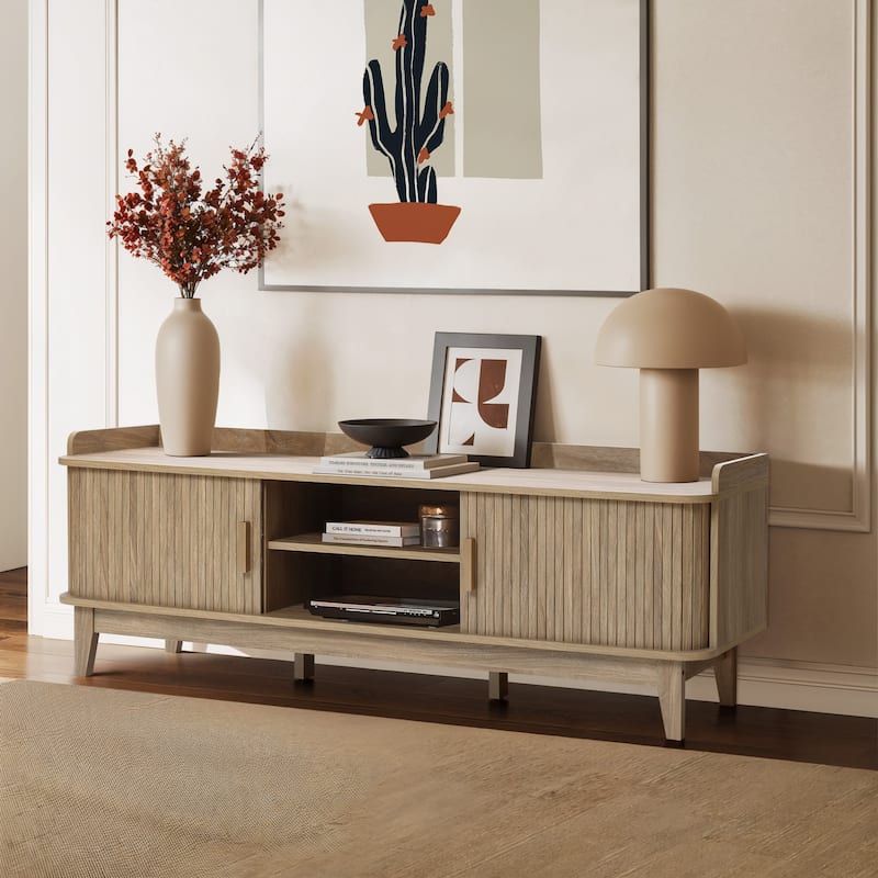 Mid-Century Modern Tambour-Style 2-Door TV Stand and Console with Raised Sides, Oak - 20.9" H x 63" W x 15.7" D