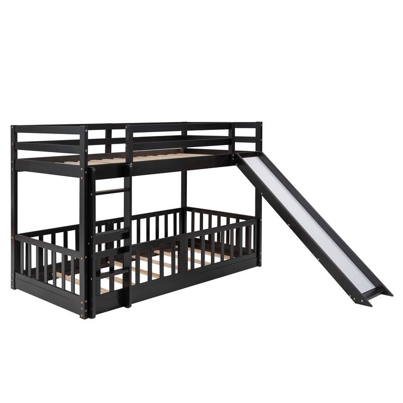 Twin Over Twin Bunk Bed with Slide and Ladder, Espresso Finish