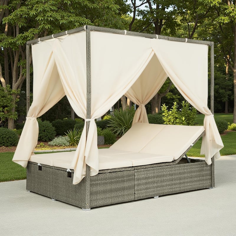 Outdoor Patio Rattan Canopy Daybed Sunbed with Curtain and Adjustable Seat - Beige
