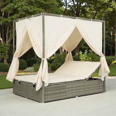 Outdoor Patio Rattan Canopy Daybed Sunbed with Curtain and Adjustable Seat