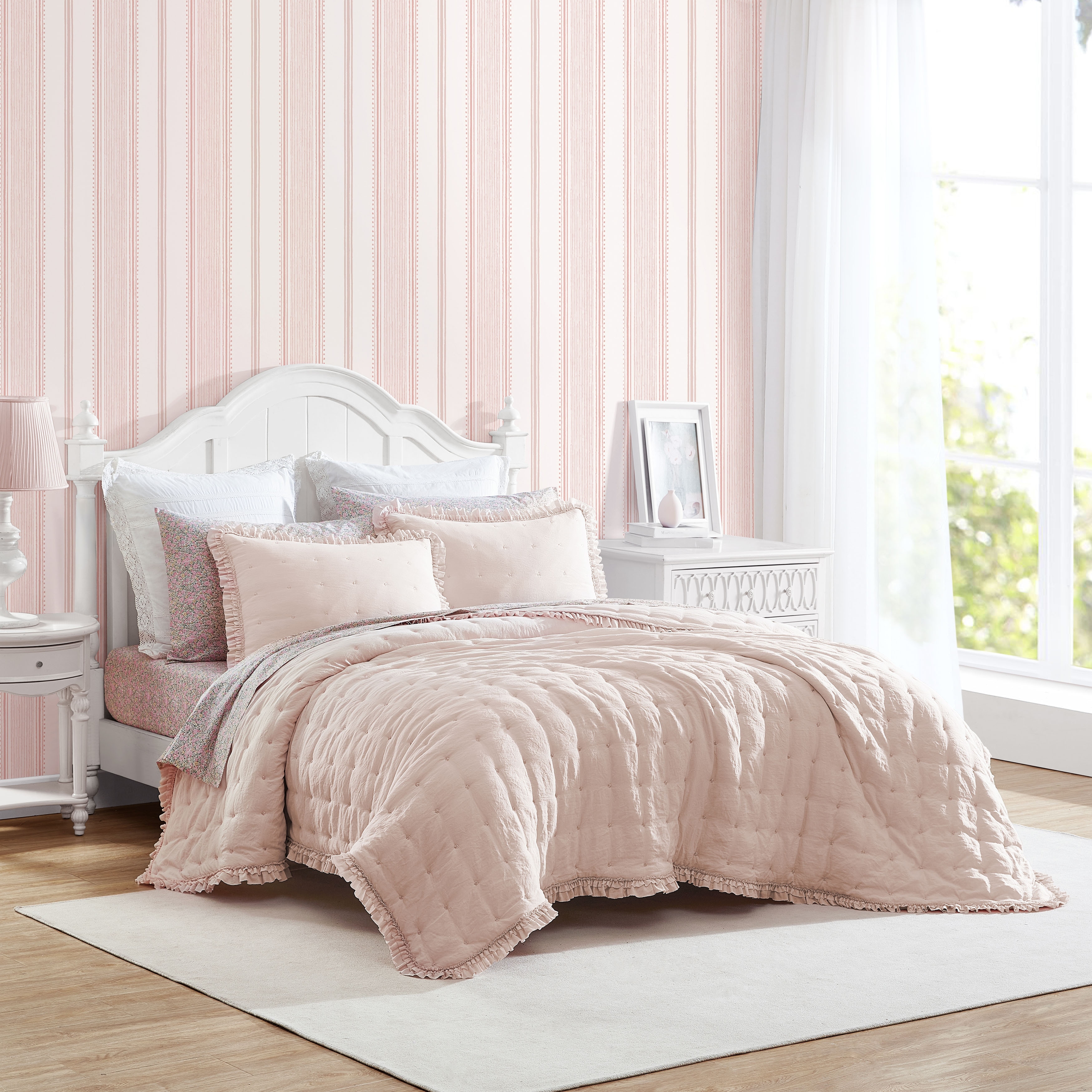 Laura Ashley Hailee Solid Pink Microfiber Quilt Set - On Sale