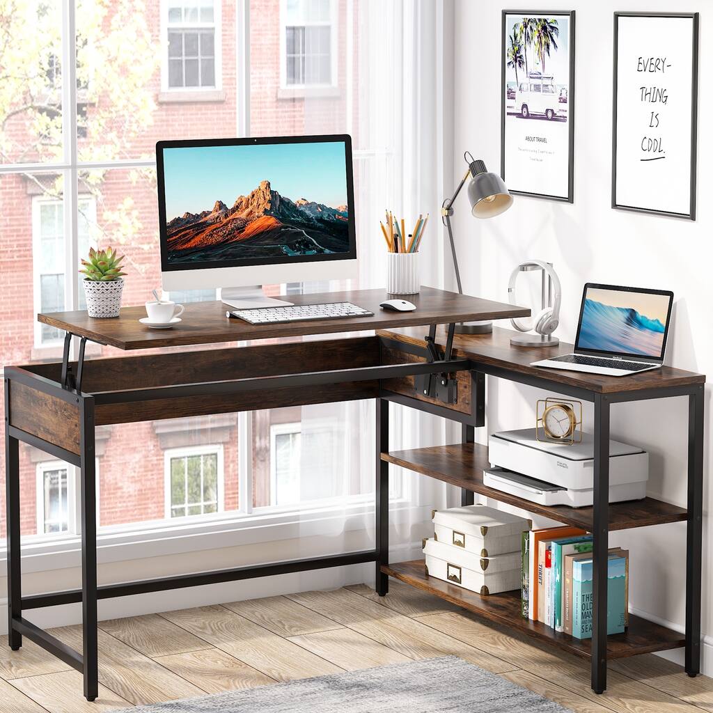 Lift Top L Shaped Computer Desk Corner Desks with Storage Shelves for Home Office