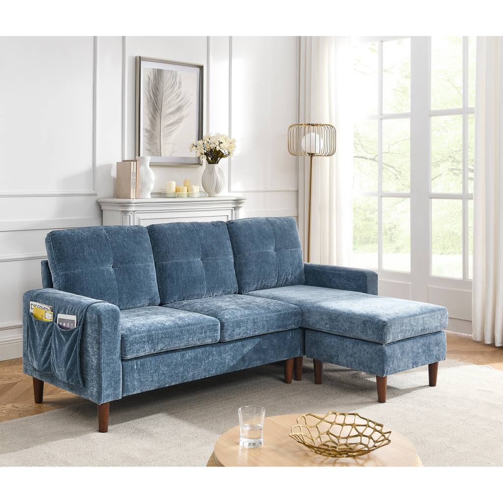 Navy Blue Chenille L-Shape Sectional Sofa, Removable Cushions, Movable Ottoman