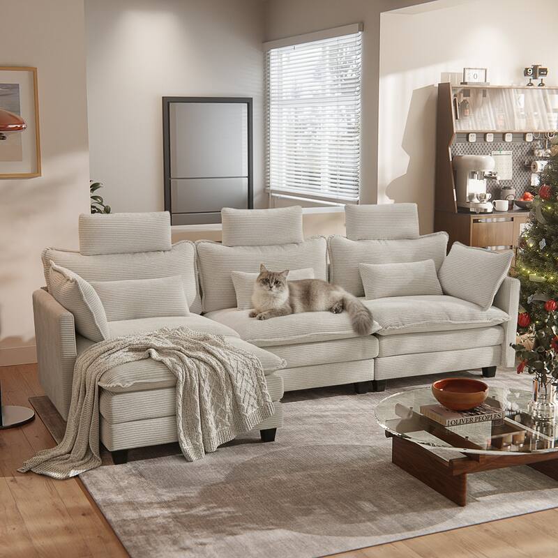 Modern Cream Corduroy 4-Seater Sectional Sofa with Adjustable Headrests, Pocket Spring Seats & Chaise Lounge
