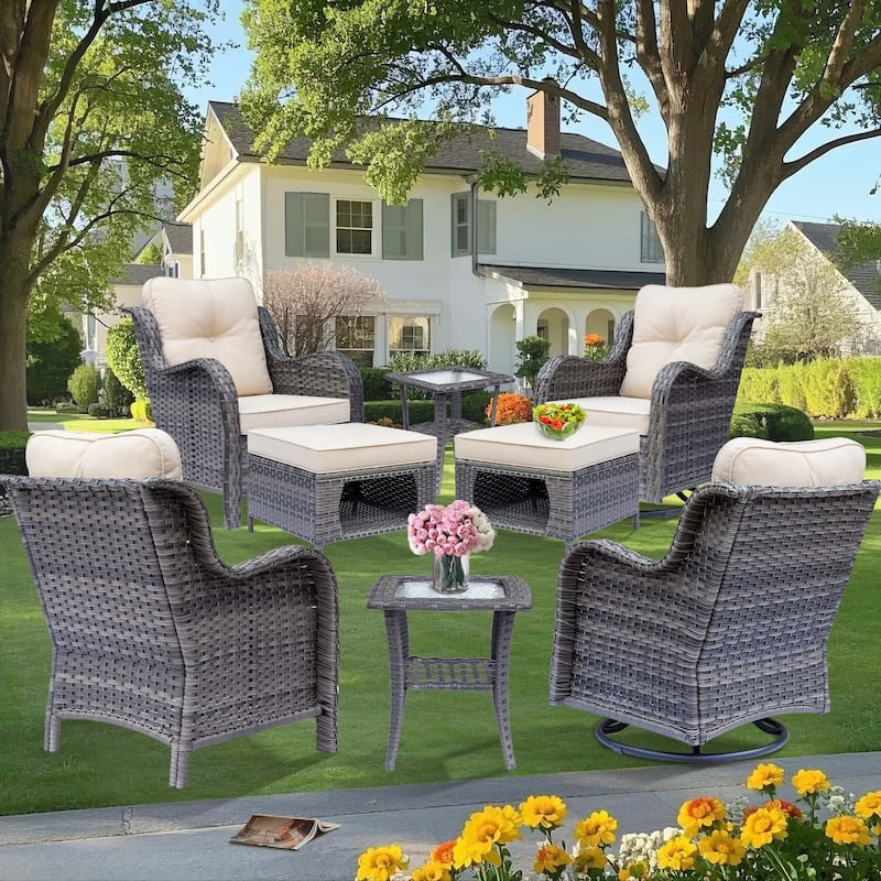 Outdoor Patio Furniture-Gray Wicker Outdoor Swivel Rocker Chairs Set - 6 Seats - Beige Cushion/Gray Wicker