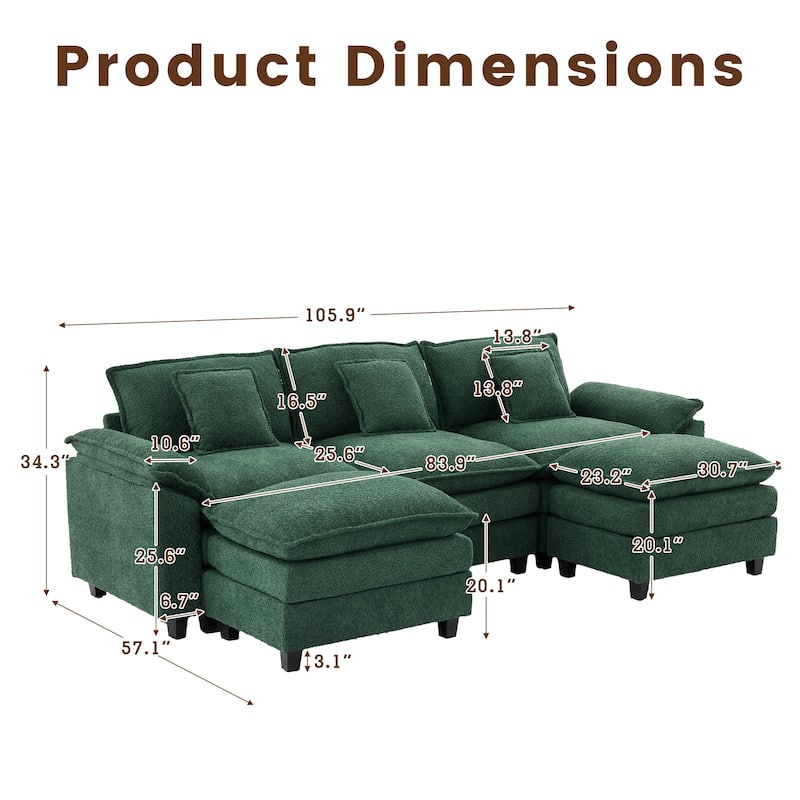 Modular Chenille Sectional Sofa with Ottomans, Deep Seat, Wide Padded Armrests, 2-Seat / 3-Seat / 4-Seat Options