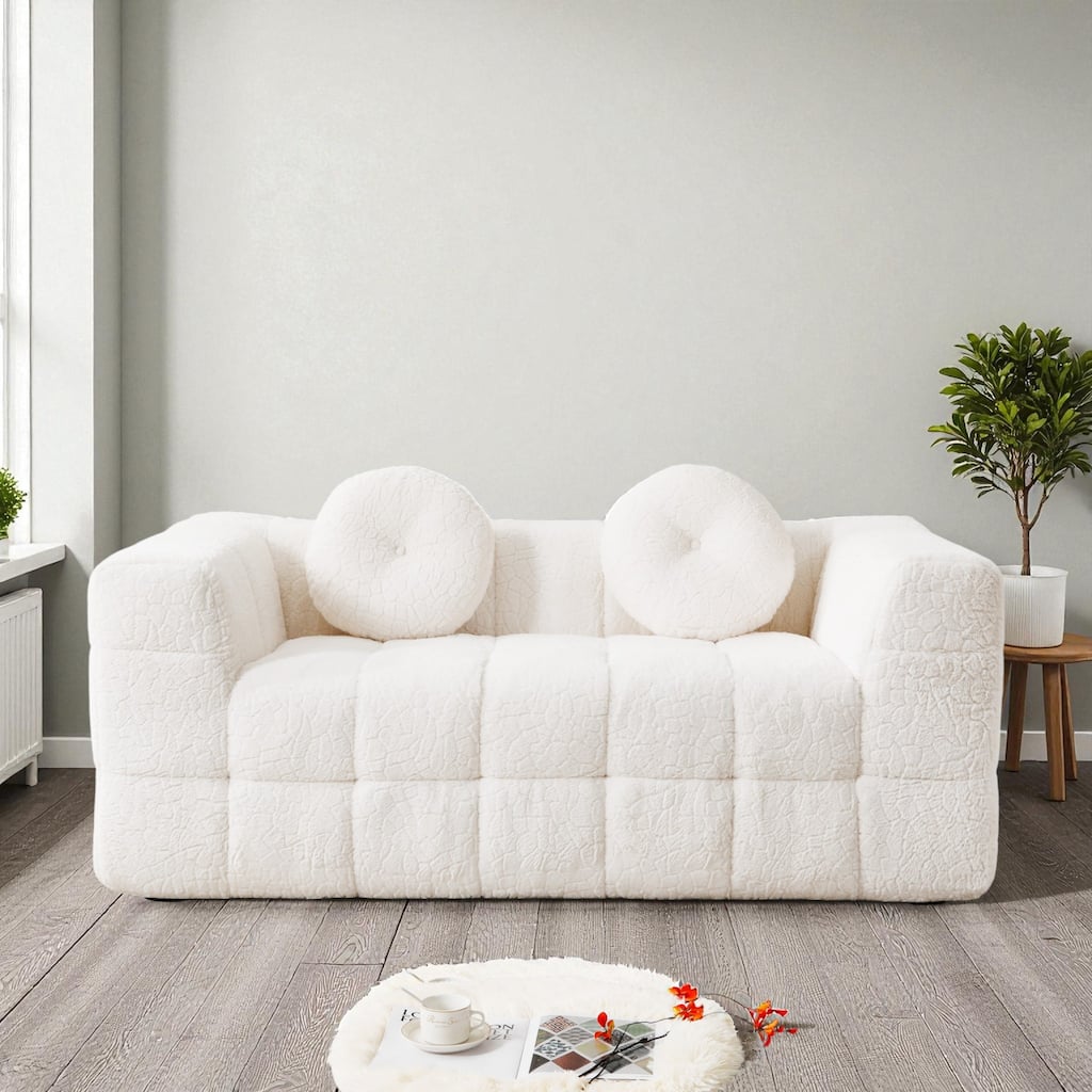 66.5" Modern Boneless Cloud Sofa, 2-Seater Foam Couch with Checkered Design & Plush Lychee-Textured Fabric, Circular Pillows