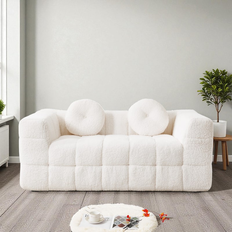 66.5" Modern Boneless Cloud Sofa, 2-Seater Foam Couch with Checkered Design & Plush Lychee-Textured Fabric, Circular Pillows - Beige