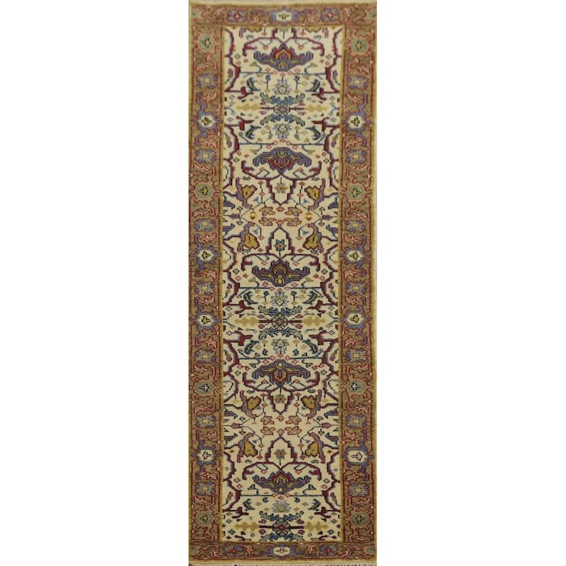 Hand-knotted Transitional Wool Carpet Beige Oushak Rug Floral Oriental Area Rug - 10' 0'' X 2' 7''
