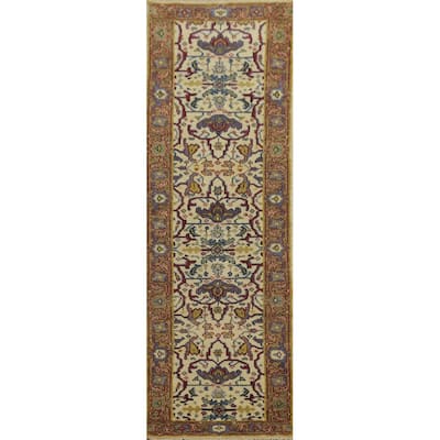 Hand-knotted Transitional Wool Carpet Beige Oushak Rug Floral Oriental Area Rug - 10' 0'' X 2' 7''