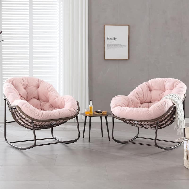 Outdoor Rattan Rocker Recliner Chair With Polyester Padded Cushion （set of 2）