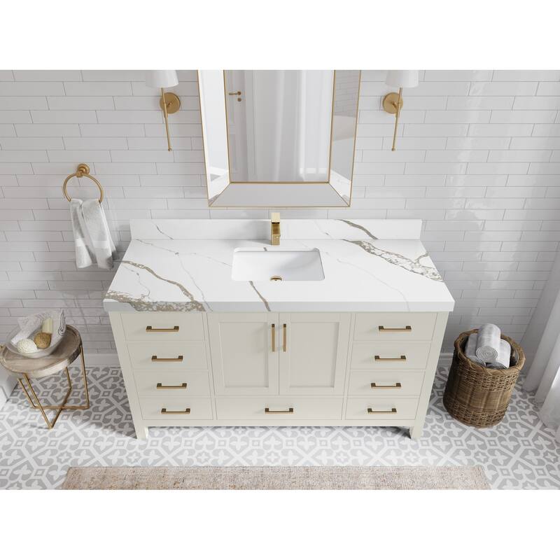 Willow Collections 60 in. W x 22 in. D Malibu Single Sink Bathroom Vanity with Countertop - 2" Calacatta Gold - Fine grain