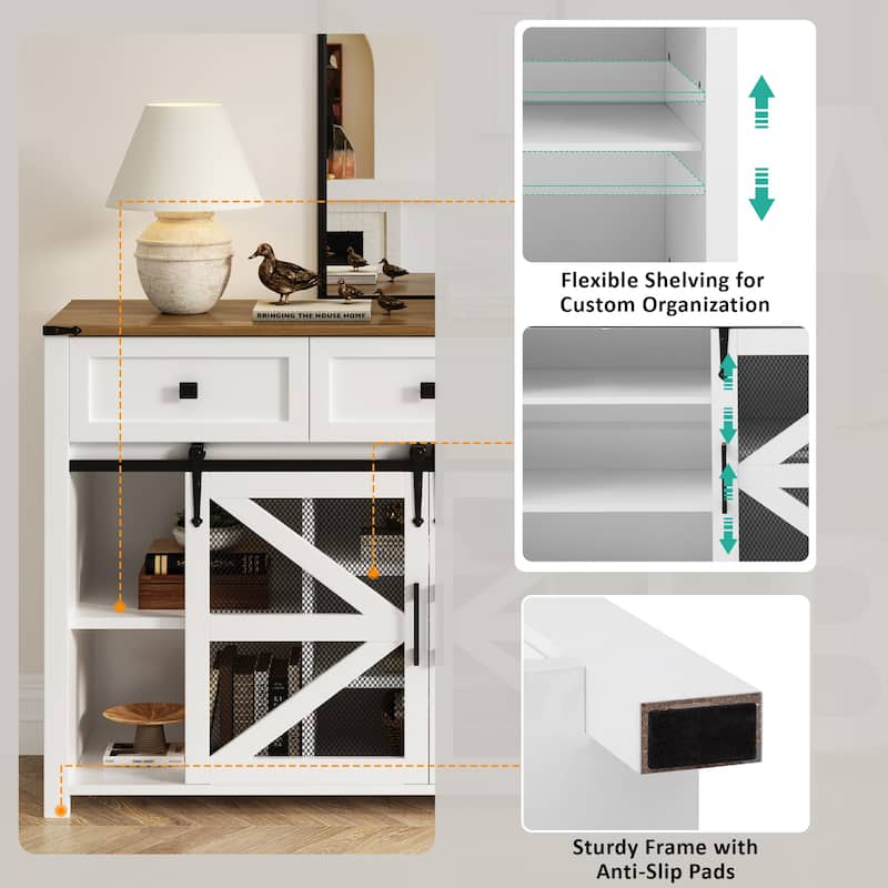 55" Sliding Barn Door Sideboard Buffet Cabinet with 3 Drawers, Adjustable Shelves, Metal Mesh & Particleboard Doors