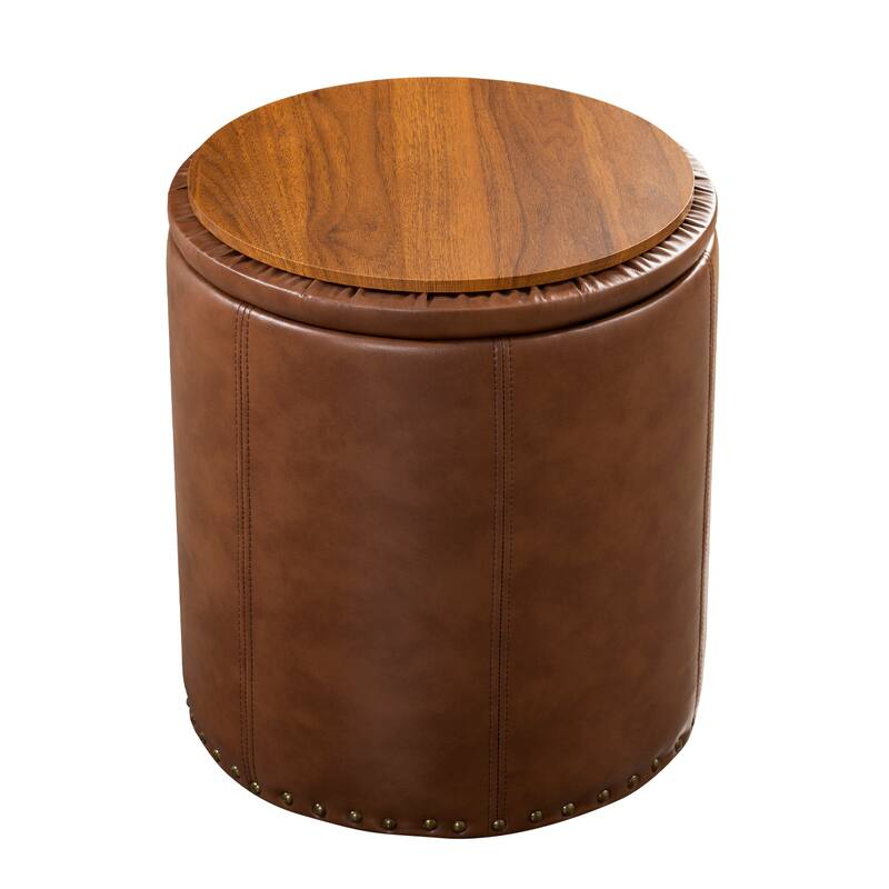 Adeco Round Faux Leather Storage Ottoman with Nailhead Trim
