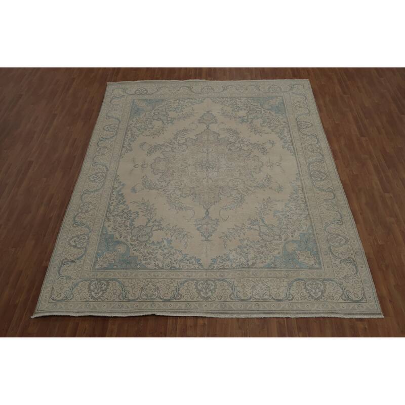 Hand Knotted Oriental 100% Wool Carpet Traditional Medallion Beige & Ivories Tabriz Area Rug - 12' 8'' X 9' 11''