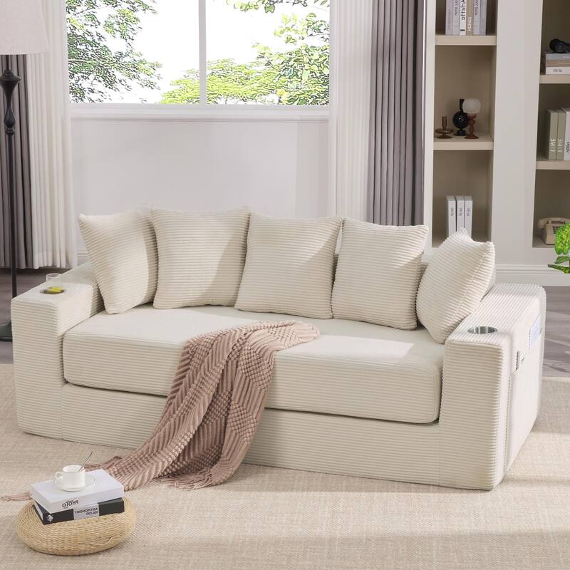 2-in-1 Convertible Sleeper Sofa, Floor Folding Couch, Sofa Bed with Side Pocket, Pull Out Loveseat with Cup Holders