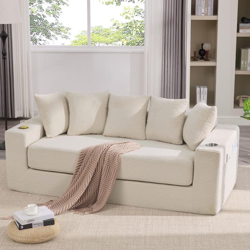 Convertible Corduroy Sleeper Loveseat Sofa Bed 3 Seater Floor Folding Couch with 5 Pillows, Cup Holders and Side Pockets