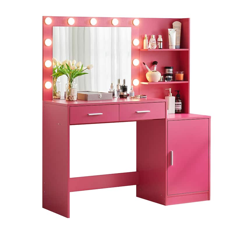Vanity Desk with Mirror and Lights - Rose Pink