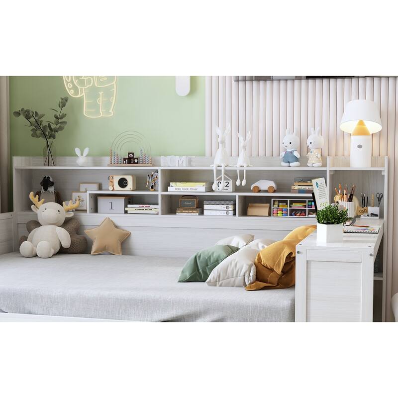 Wooden Twin Size Daybed with Storage Shelves, Multi-functional Bed with Two Storage Drawers and Study Desk