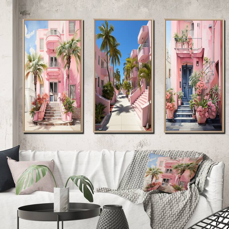 Designart "Pink Miami Artful Facades II" Floral Framed Wall Art Set Of 3 Frame Canvas Set For Living Room Decor - 50 in. wide x 32 in. high - 3 Panels - Maple