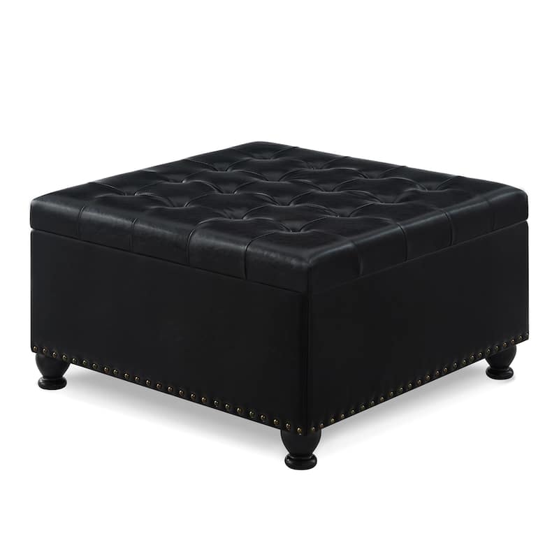 30"L Square Storage Ottoman Bench, Upholstered Tufted Button Storage Bench With Nails Trim - Black PU