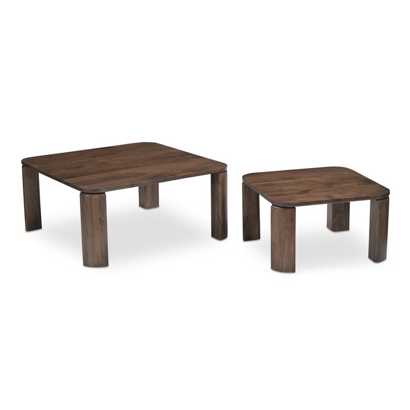 NADAAL STUDIOS Sylvessa Nesting Coffee Tables, Solid Mango Wood, Rounded Square Shape, Brown - Wood - Deep Brown