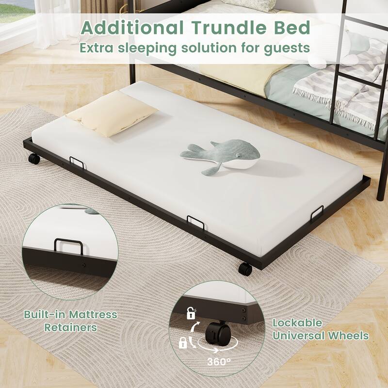 Gymax Twin Over Twin Bunk Bed w/ Trundle Industrial Metal Bunkbed
