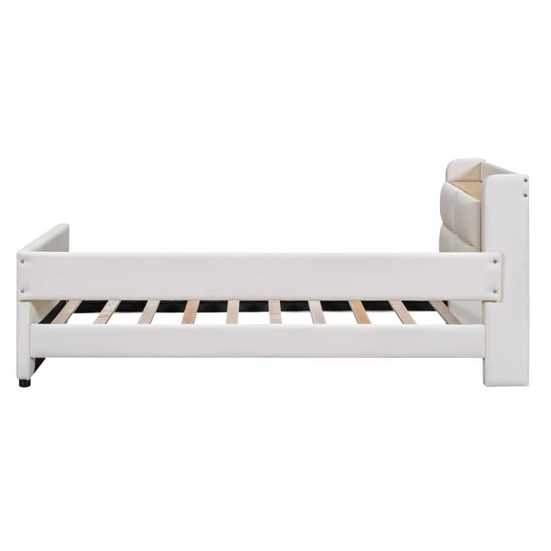 Beige Modern Upholstered Platform Bed with Guardrail, Storage Bed Frame ...
