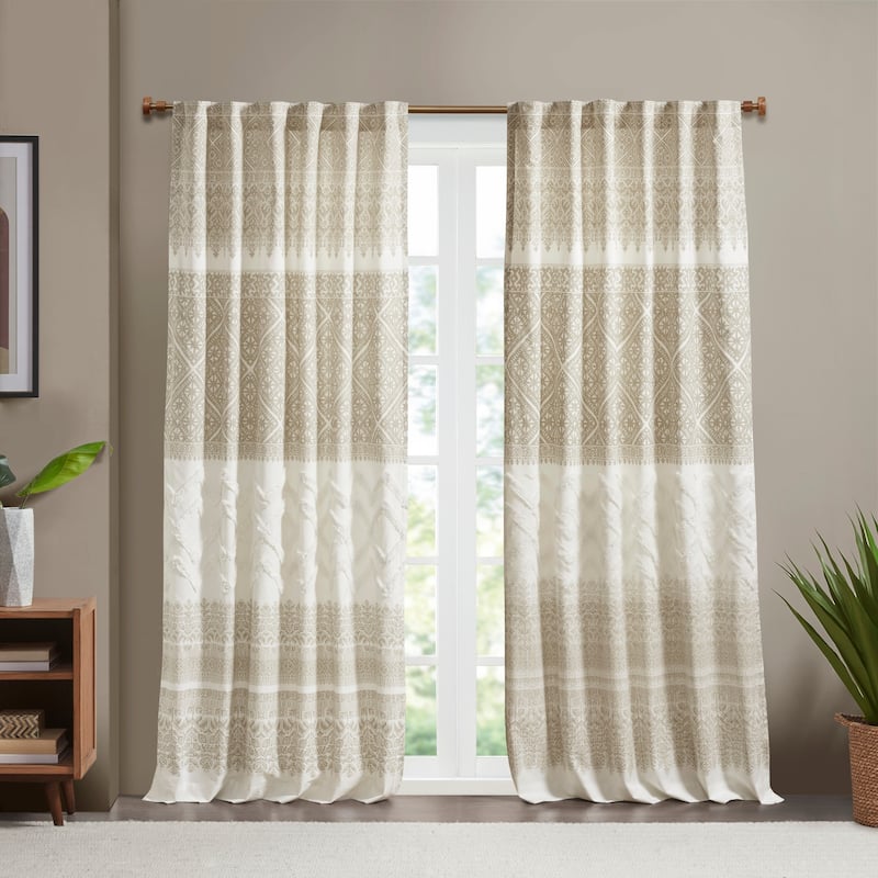 INK+IVY Mila Cotton Printed Window Panel with Chenille detail and Lining 50"W x 84"L - Taupe