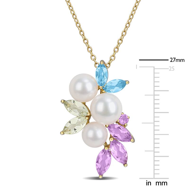 Miadora Cultured Freshwater Pearl and Multi-Gem Cluster Necklace Yellow Plated Sterling Silver
