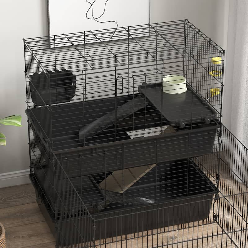 PawHut Small Animal Cage with Playpen, Multi-level Pet Habitat Indoor for Guinea Pigs Hedgehogs Bunnies with Accessories