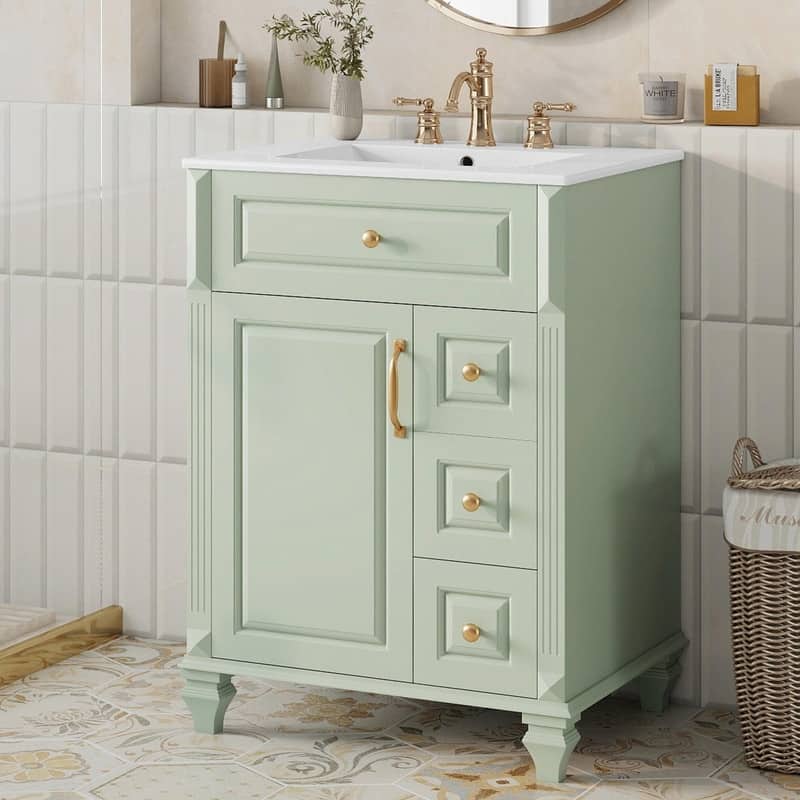 24" Bathroom Vanity with Sink, Freestanding Vanity Cabinet with Flip-Out Drawer, 3 Drawers, Ceramic Top - Green