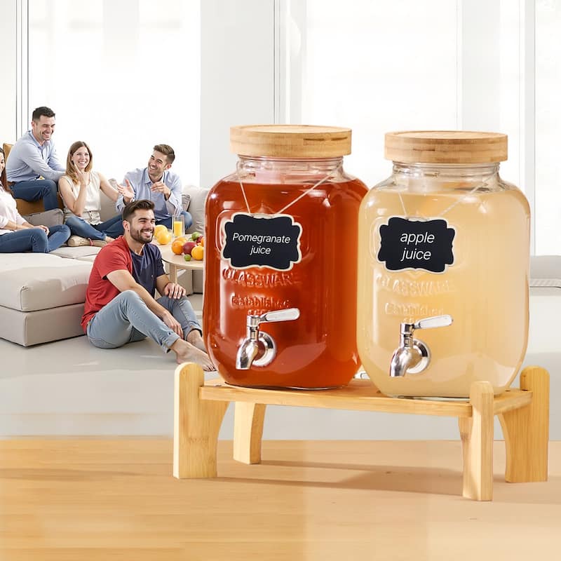 Transparent Glass Dual Cylinder Beverage Dispenser with Wood Stand and Chalkboards - 11.8 x 5.9 x 9.6 in