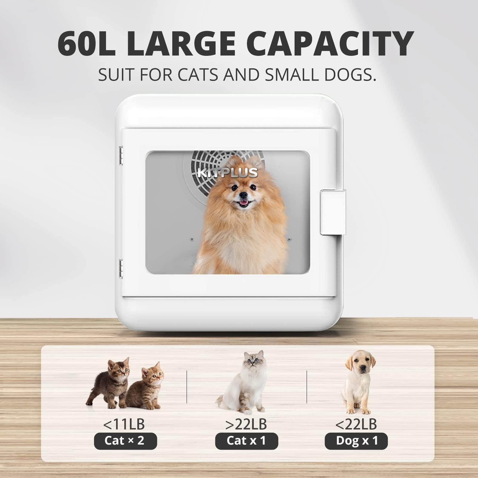 Pet Hair Dryer Box Ultra Quiet Blow Dryer 6L Capacity for Cats and Small Dogs White