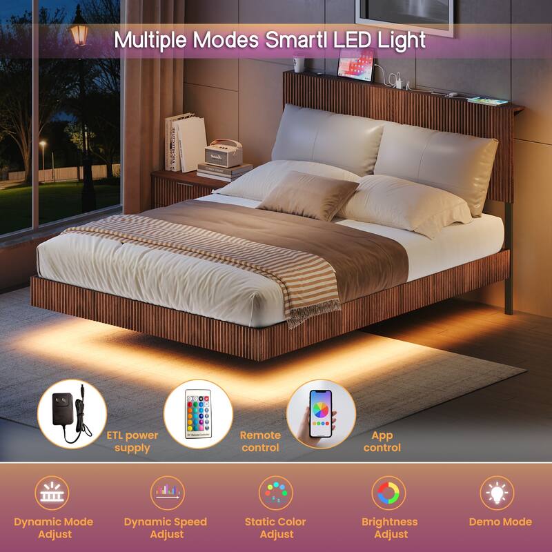 GDF Studio - Avalon Modern Queen Floating Bed Frame with LED Lights & Charging Station