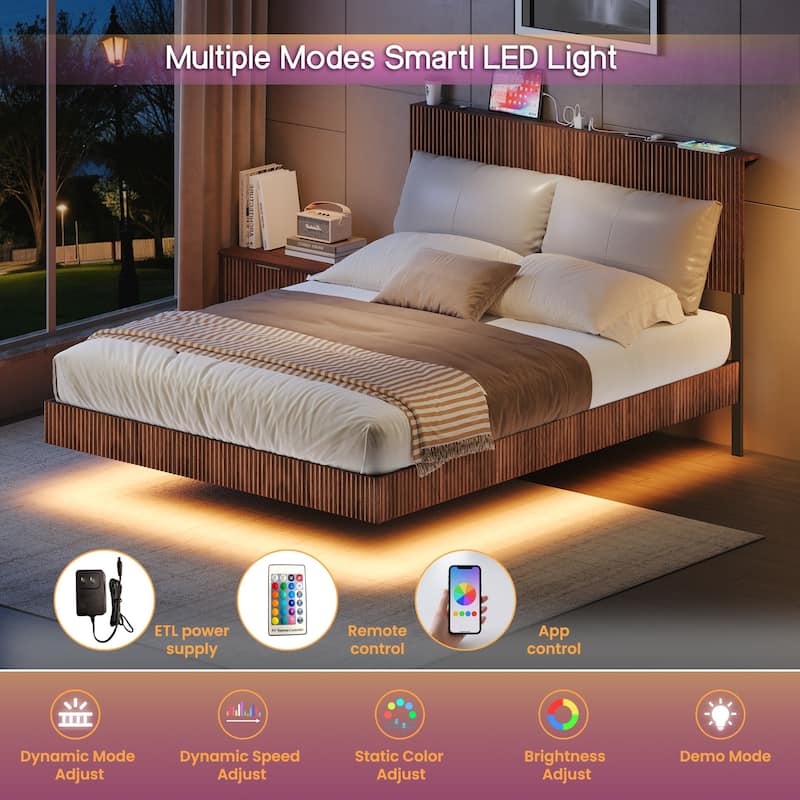 Walnut Queen Floating Bedstead, With Charging Station And Led Lights, Wavy Headboard, With Heavy Metal Flat Noodles