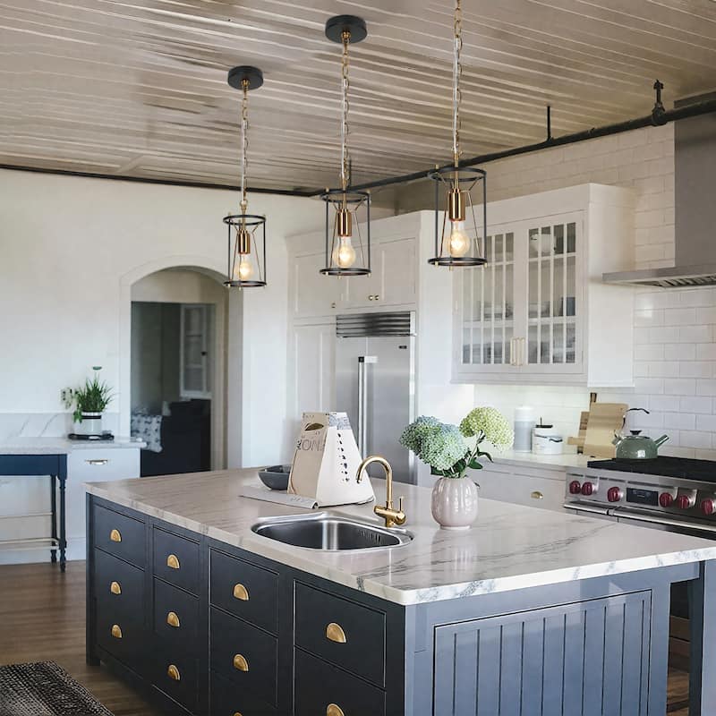 Modern Farmhouse 1-Light Black Gold Cylinder Cage Kitchen Island Pendant Lights for Dining Room
